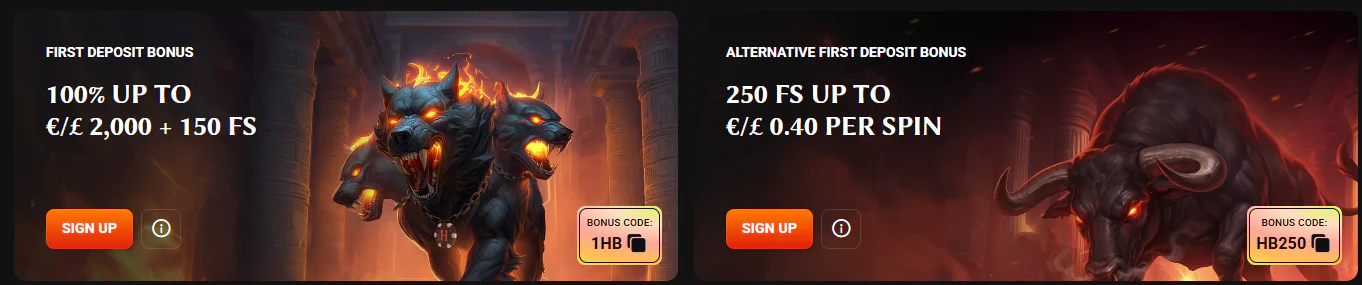 HadesBet Casino first deposit bonus offering 100% up to €2,000 and 150 free spins, alongside an alternative 250 free spins offer