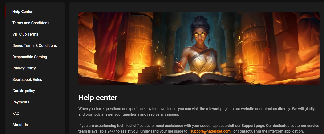 HadesBet Casino Help Center with customer support information, 24/7 assistance, contact email and help topics