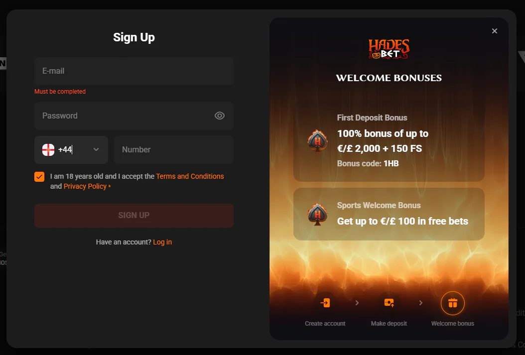 HadesBet Casino registration form with email, password and phone fields, alongside casino and sports welcome bonus offers