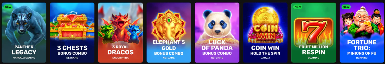 HadesBet Casino slot games including Panther Legacy, 3 Chests Bonus Combo, 3 Royal Dragons, Elephant's Gold, Luck of Panda and Coin Win