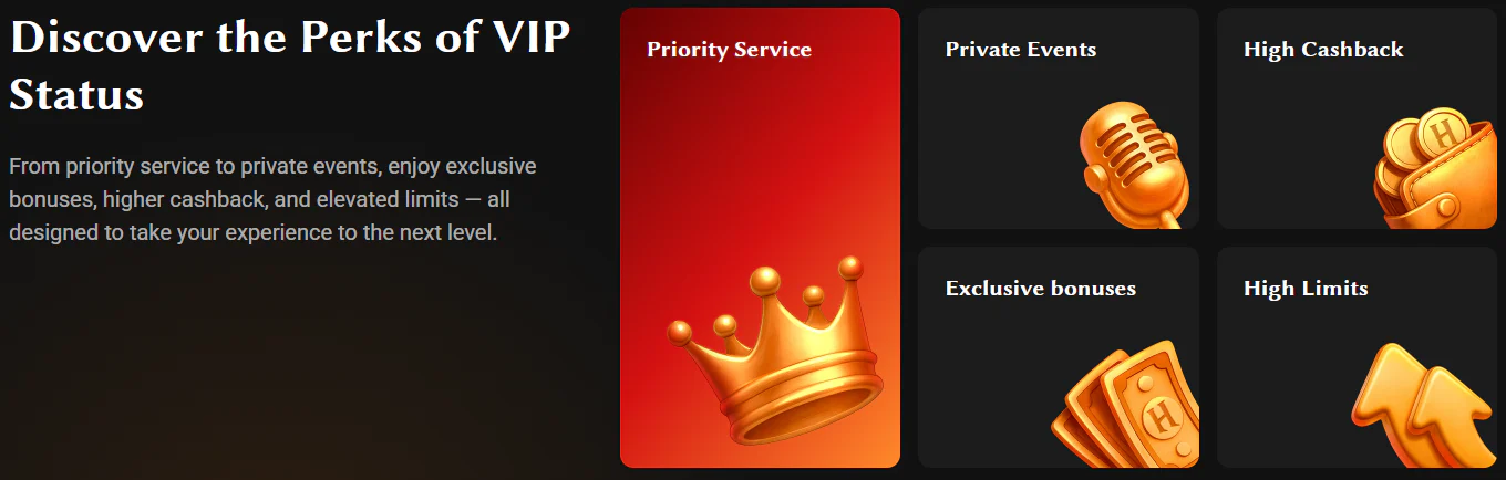 HadesBet Casino VIP programme benefits including priority service, private events, higher cashback, exclusive bonuses and increased limits